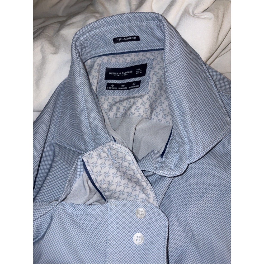 Denim & Flower Men's Light Blue Geometric Pattern Button-Down Shirt 100%Cotton L